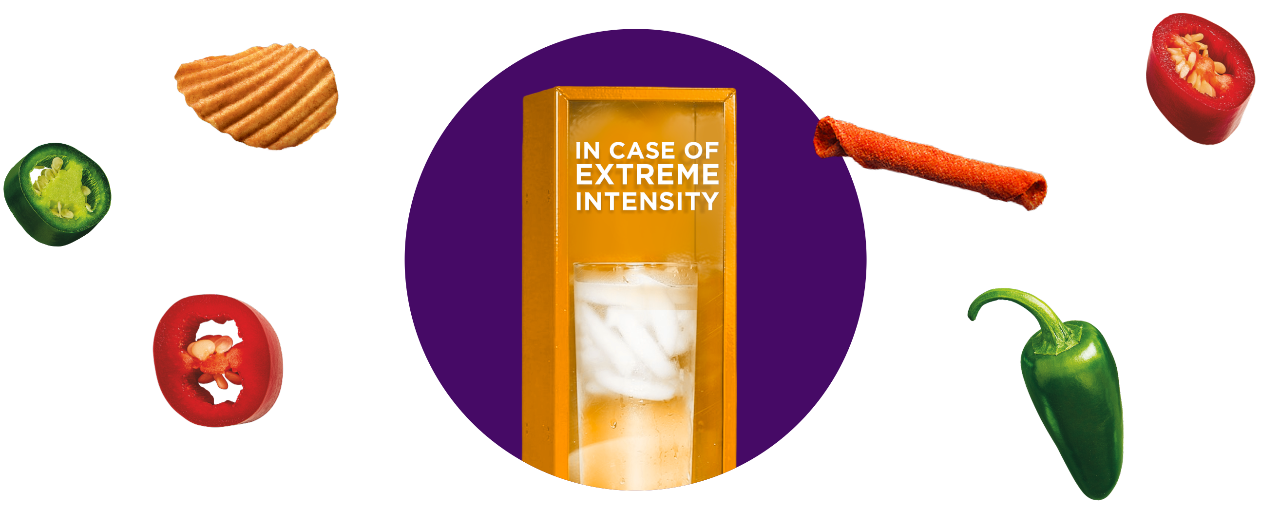 Cup of water in a glass case with a sign that reads "In case of extreme intensity"