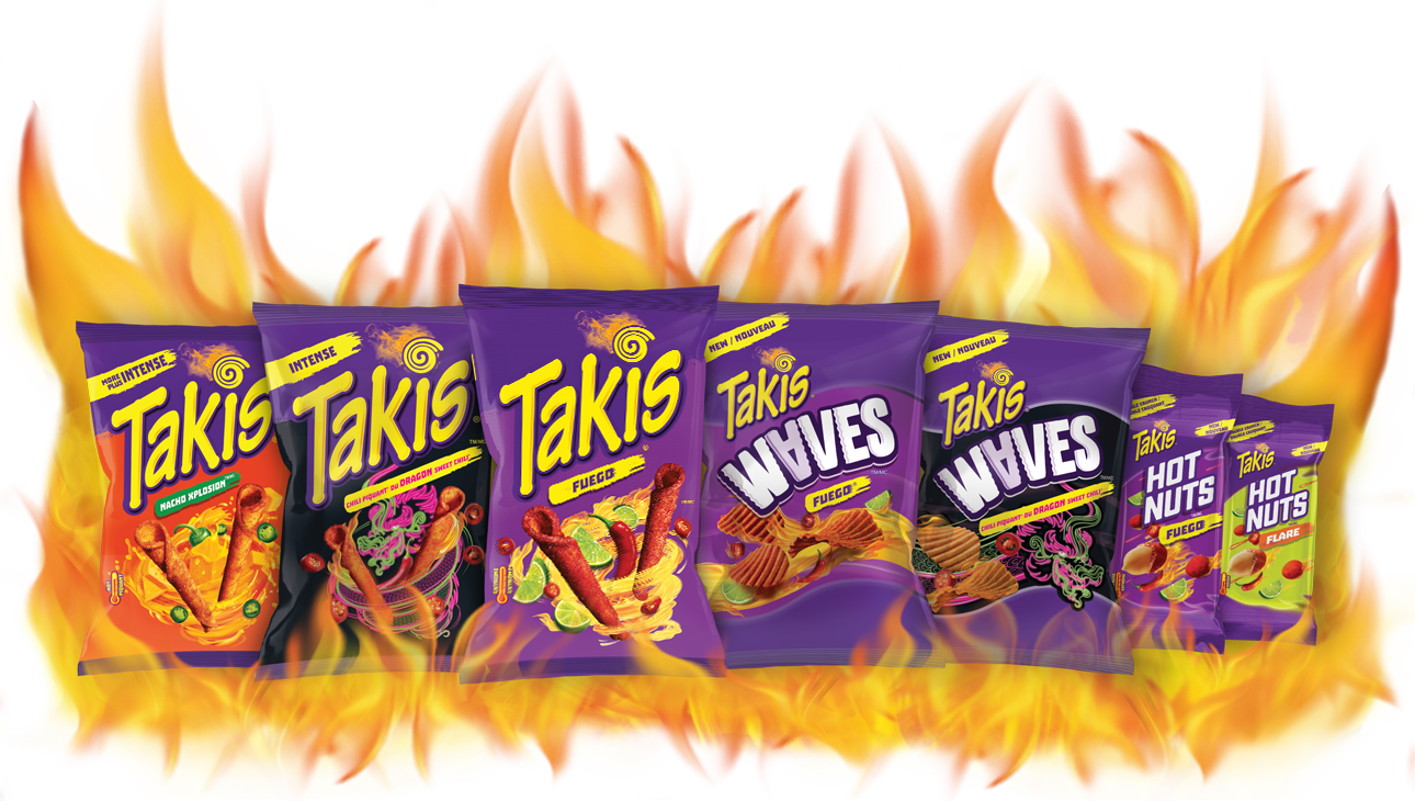 A collage of Takis products surrounded by flames