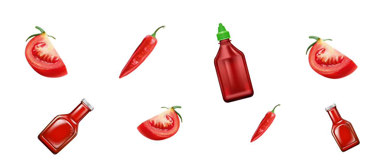 Takis Kaboom Flavour Images with Ketchup Bottle, Tomato Wedges, and Hot Pepper