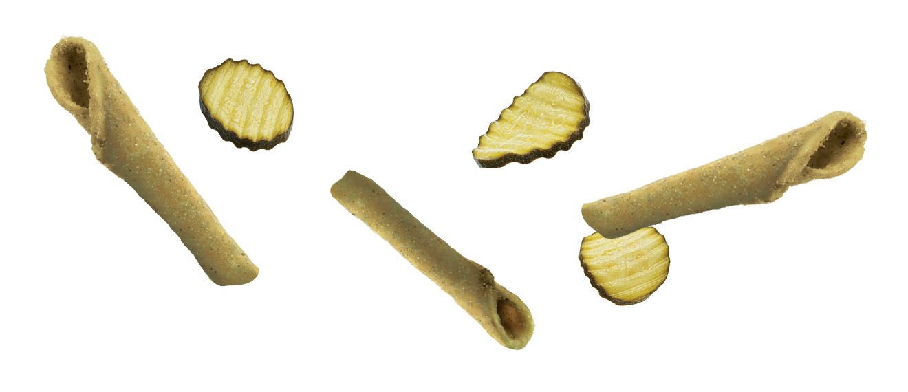 Slices of spicy dill pickle and Pickle Punch™ rolled tortilla chips